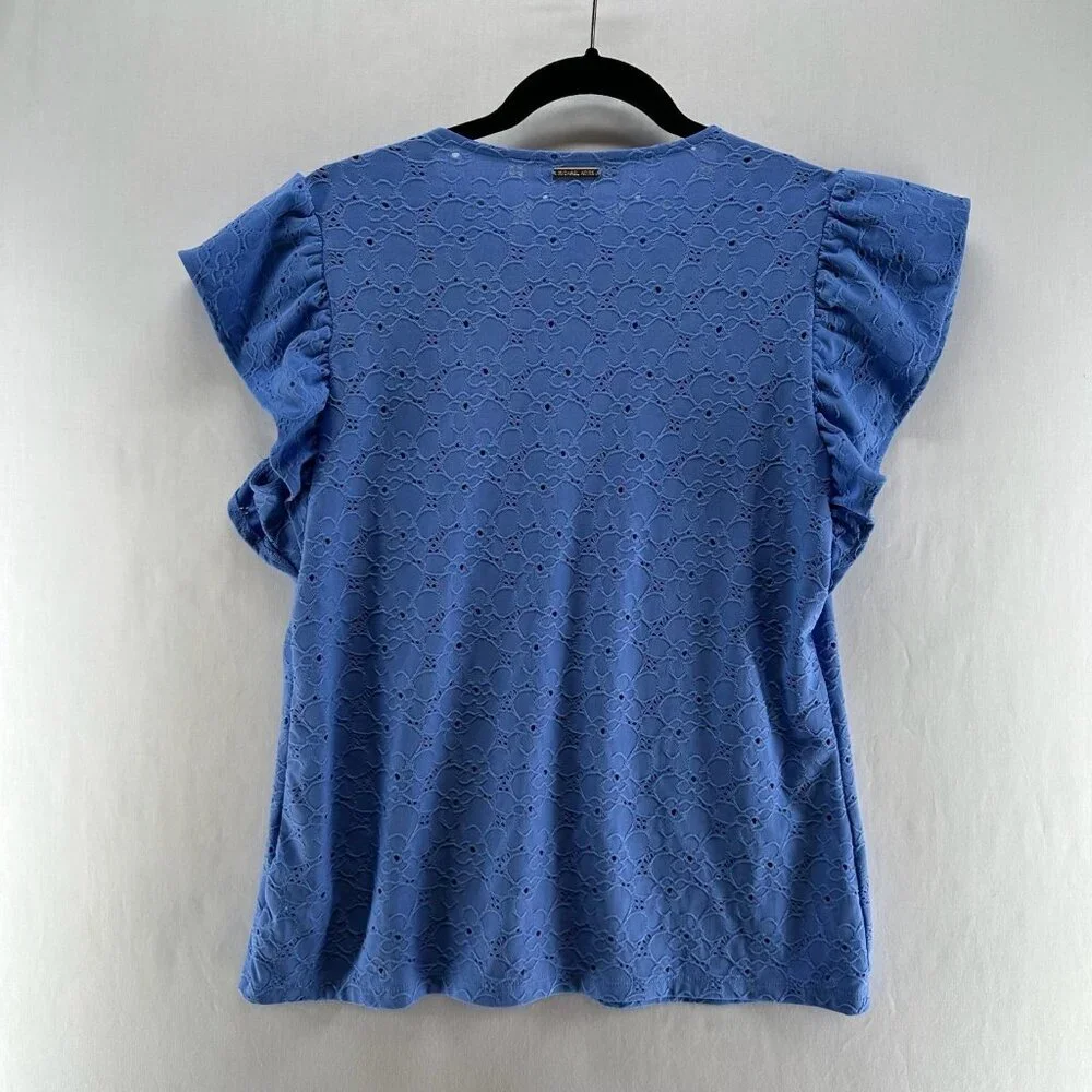 Michael Kors Floral Lace Eyelet Top Womens M V-Neck Ruffle Sleeve Pullover Blue